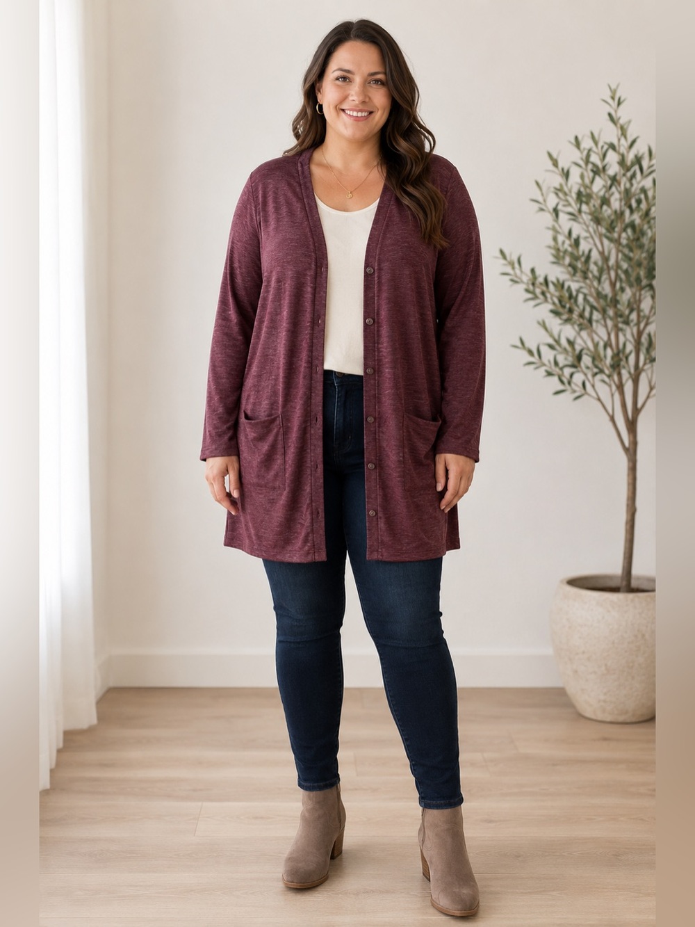 MEROKEETY WOMENS LONG MAUVE BUTTON DOWN CARDIGAN WITH POCKETS SIZE LARGE